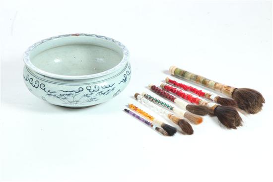 BOWL AND CALLIGRAPHY BRUSHES.  Asian