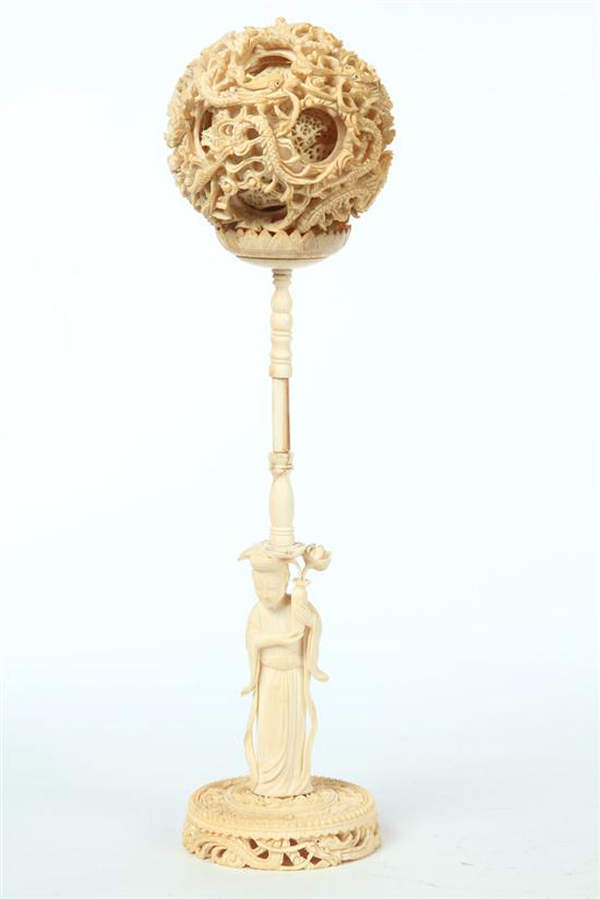 IVORY PUZZLE BALL AND STAND.  China