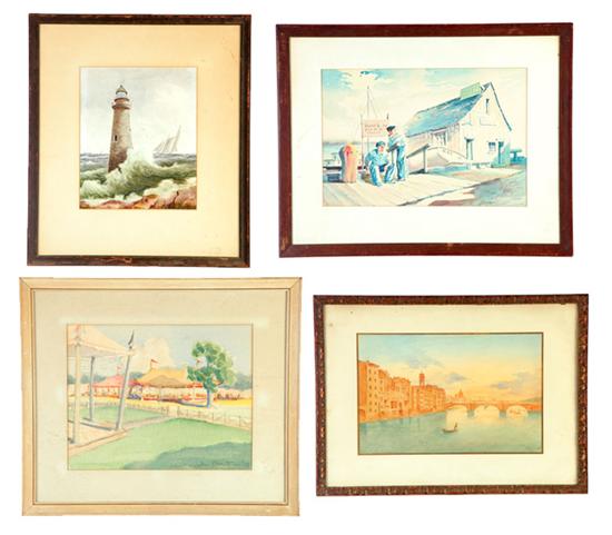 FOUR WATERCOLORS.  Lighthouse with