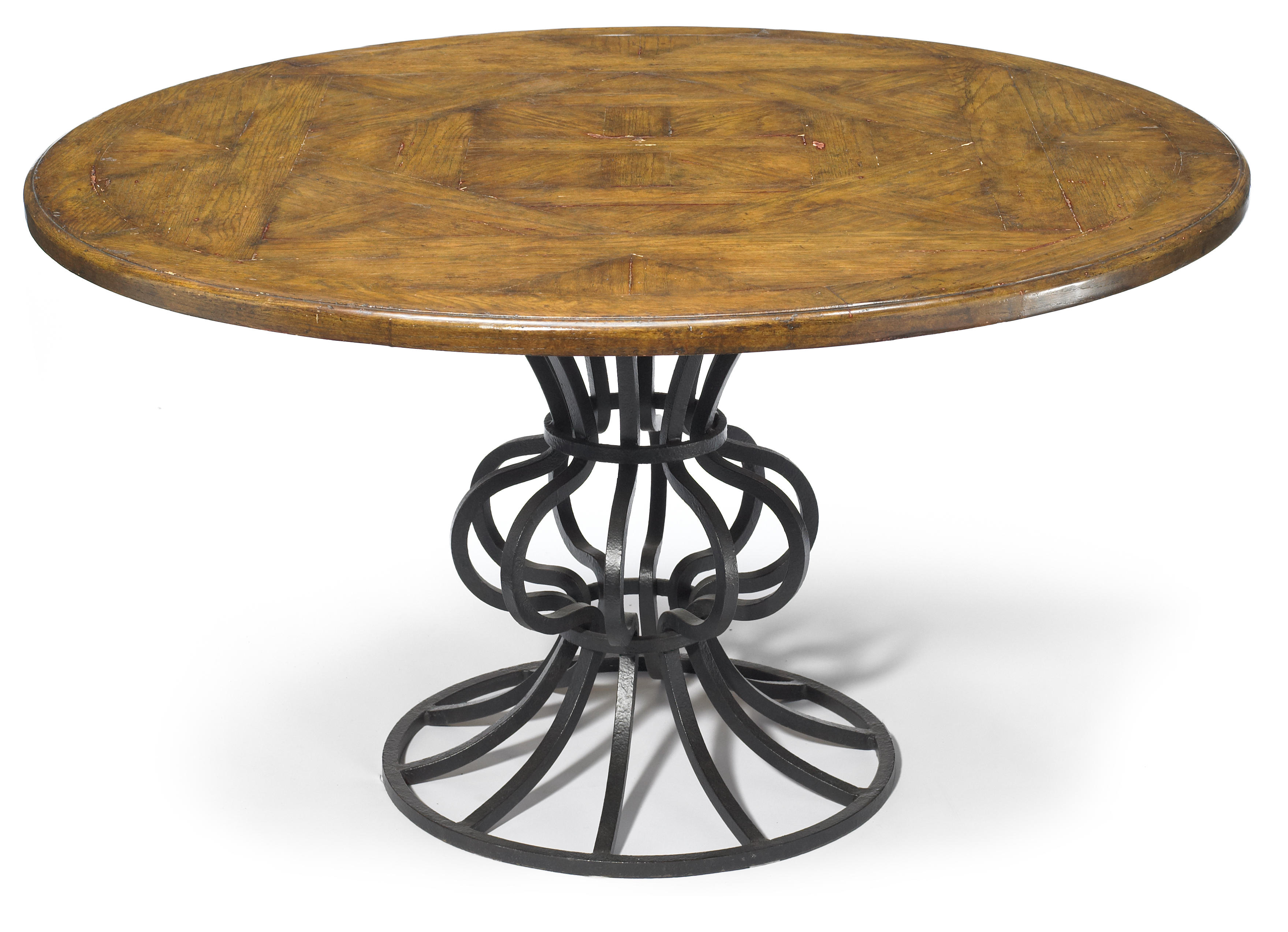 A wrought iron and oak center table