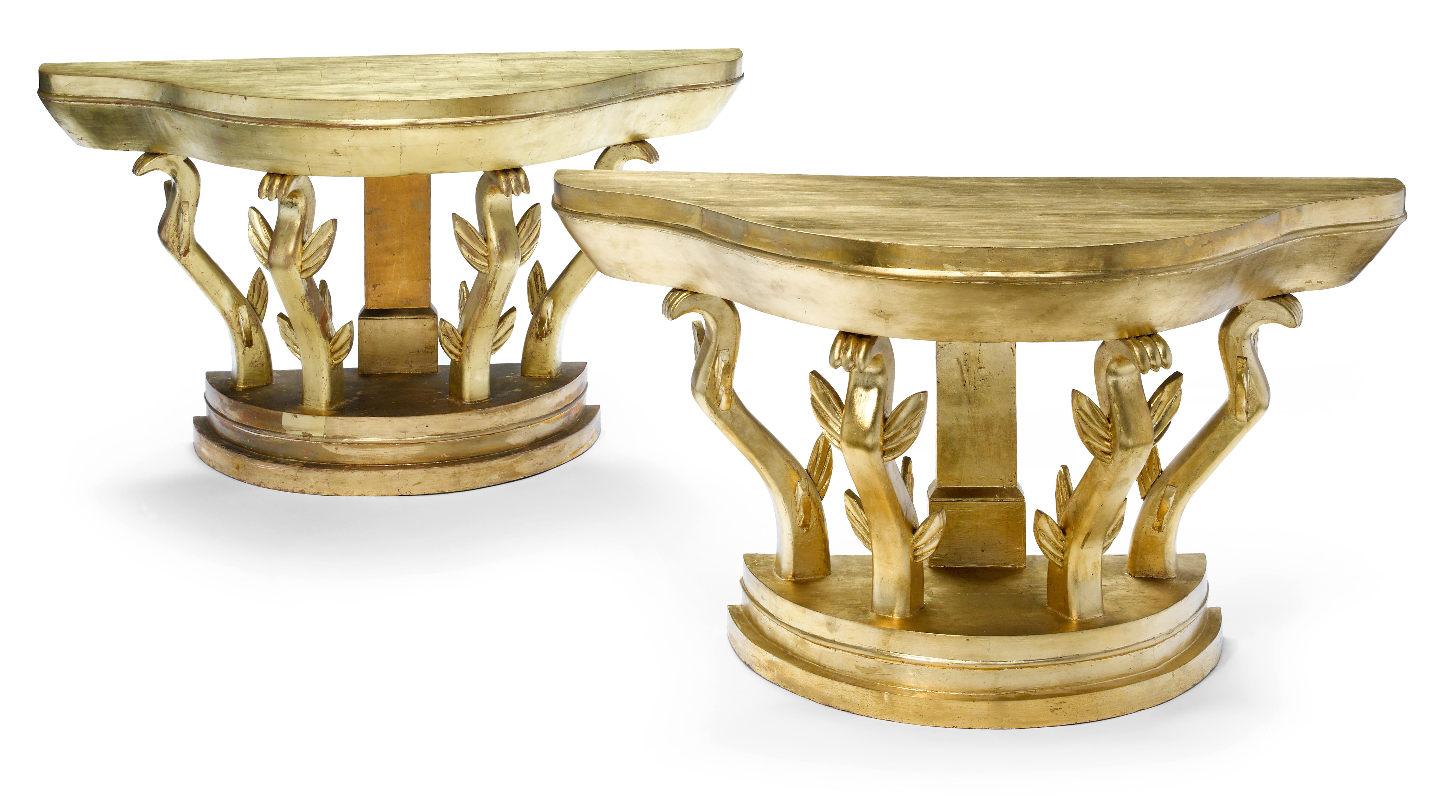 A gold leafed wood demilune console