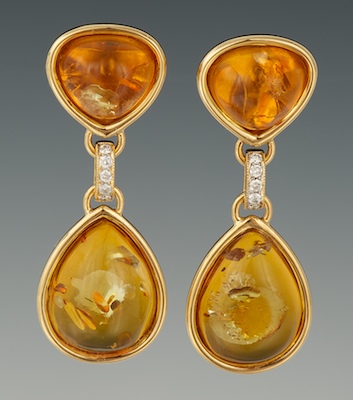 A Pair of Amber and Diamond Earrings 132472