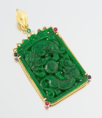 A Carved Jadeite Pendant with Gemstones