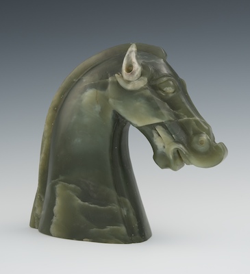 A Carved Spinach Jade Horse Head 1325cd