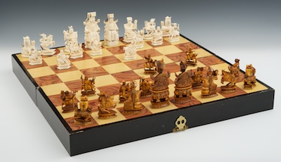 A Chinese Carved Ivory Chess Set with