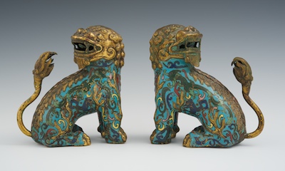 A Pair of Champleve Enamel Foo Dogs
