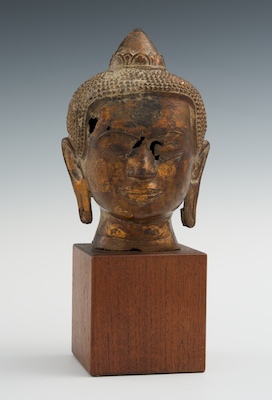 Gilt Head of Buddha on Wood Plinth Gilt