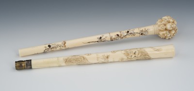 Two Carved Ivory Parasol Handles