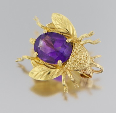 An Amethyst and Gold Bee Pin 14k