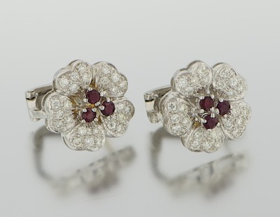 A Pair of Diamond and Ruby Flower