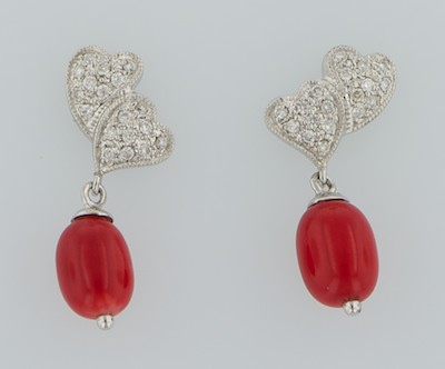 A Pair of Diamond Heart and Coral Earrings