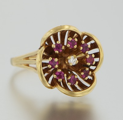 A Ladies Ruby and Diamond Flower 132ad4