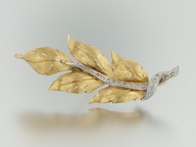 A Leaf Brooch with Diamonds 14k yellow