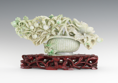 A Jadeite Woven Basket with Flowers