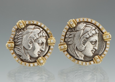 A Pair of Greek Coin 18k Gold and Diamond