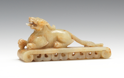 Carved Jade Recumbent Lion on Stand 133240