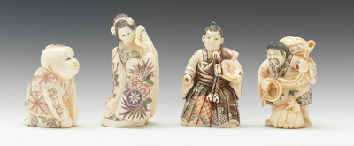 Two Carved Ivory Netsuke and Two Okimono