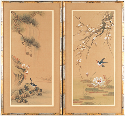 A Pair of Silk Framed Watercolors 13327e