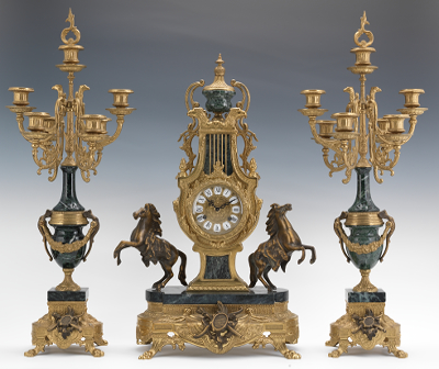 A Brass and Marble Clock and Candlestick 133292