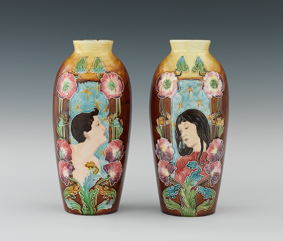 A Pair of Art Nouveau Majolica Vases