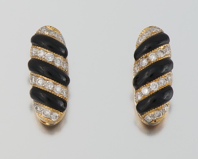 A Pair of Diamond and Onyx Earrings 133584