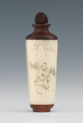 A Carved Wood and Bone Snuff Bottle
