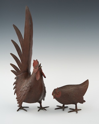 A Bronze Hen and Rooster Japanese 13369f