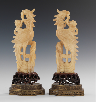 A Pair of Carved Hardstone Phoenix Figures