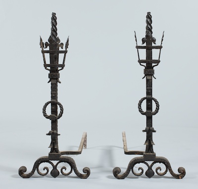 A Pair of Large Wrought Iron Andirons 13378f