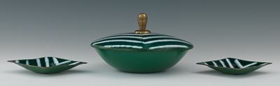 Enameled Covered Dish and Two Ashtrays