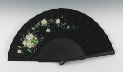 A Black Silk Hand Painted Hand Fan Apprx.