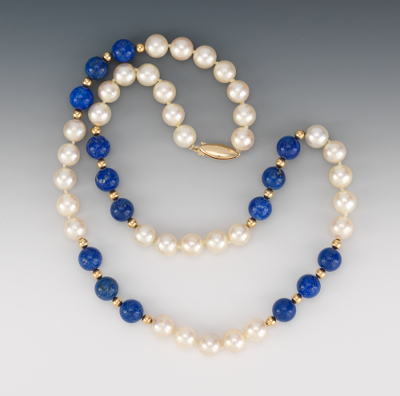 A Pearl Lapis and Gold Bead Necklace