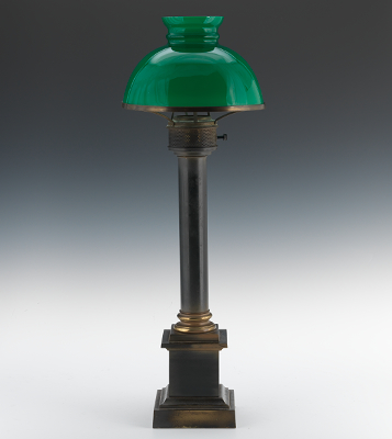 A Metal Column Lamp with Green Glass