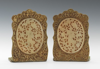 A Pair of Cast Bronze and Carved Hardstone
