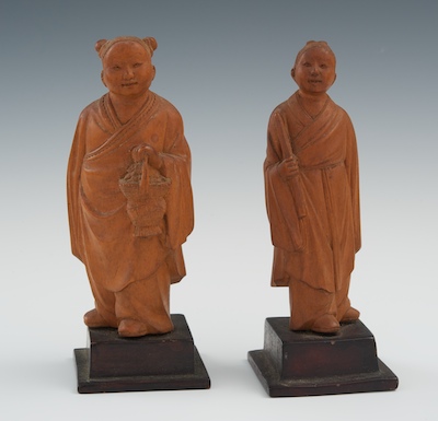 Two Carved Wood Girls on Stands Chinese