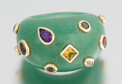 A Carved Jade Bombe Ring with Gemstones 131fb3