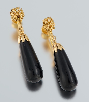 A Pair of Black Jade and Gold Earrings