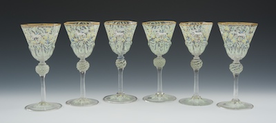 Six Moser Style Enameled Wine Glasses 13210b