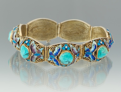 A Chinese Silver Enamel and Turquoise