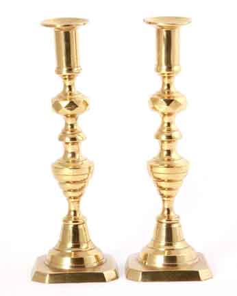 Pair English brass push-up candlesticks
