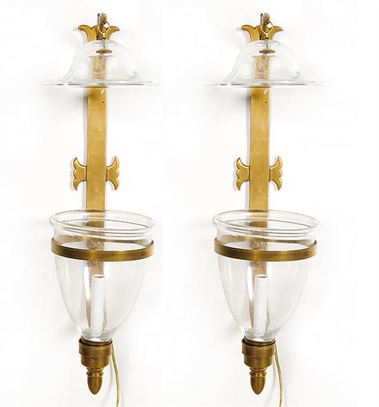 Pair brass and glass wall sconces