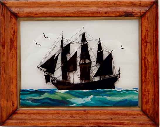 Pair reverse-glass painted ship