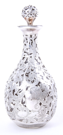 Silver overlay glass decanter late