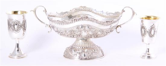 Sterling centerbowl and goblets floral-chased