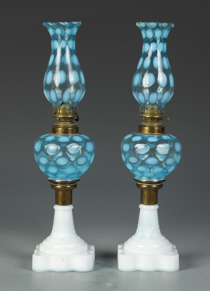 Pair of Blue Coin Spot Oil Lamps