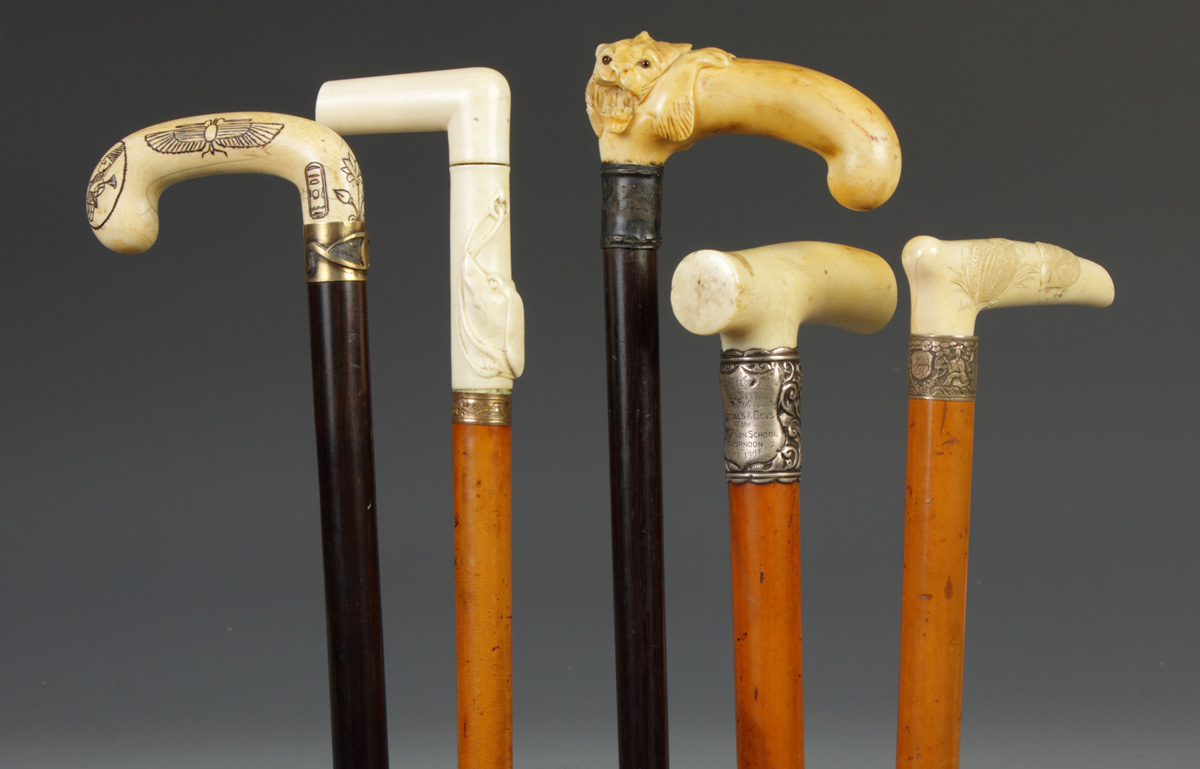 Group of 5 Ivory Handled Canes Dog;