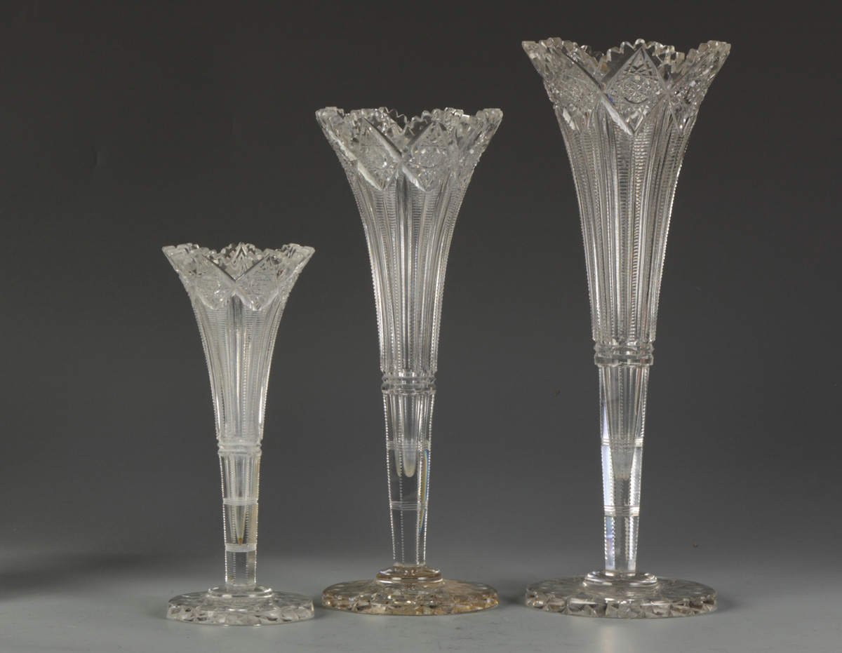 3 Cut Glass Trumpet Style Vases 135054