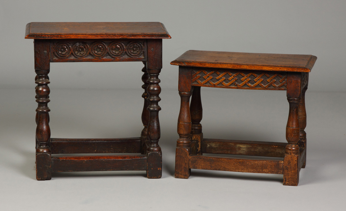 Two Early Joiners Stools w Relief 13509e