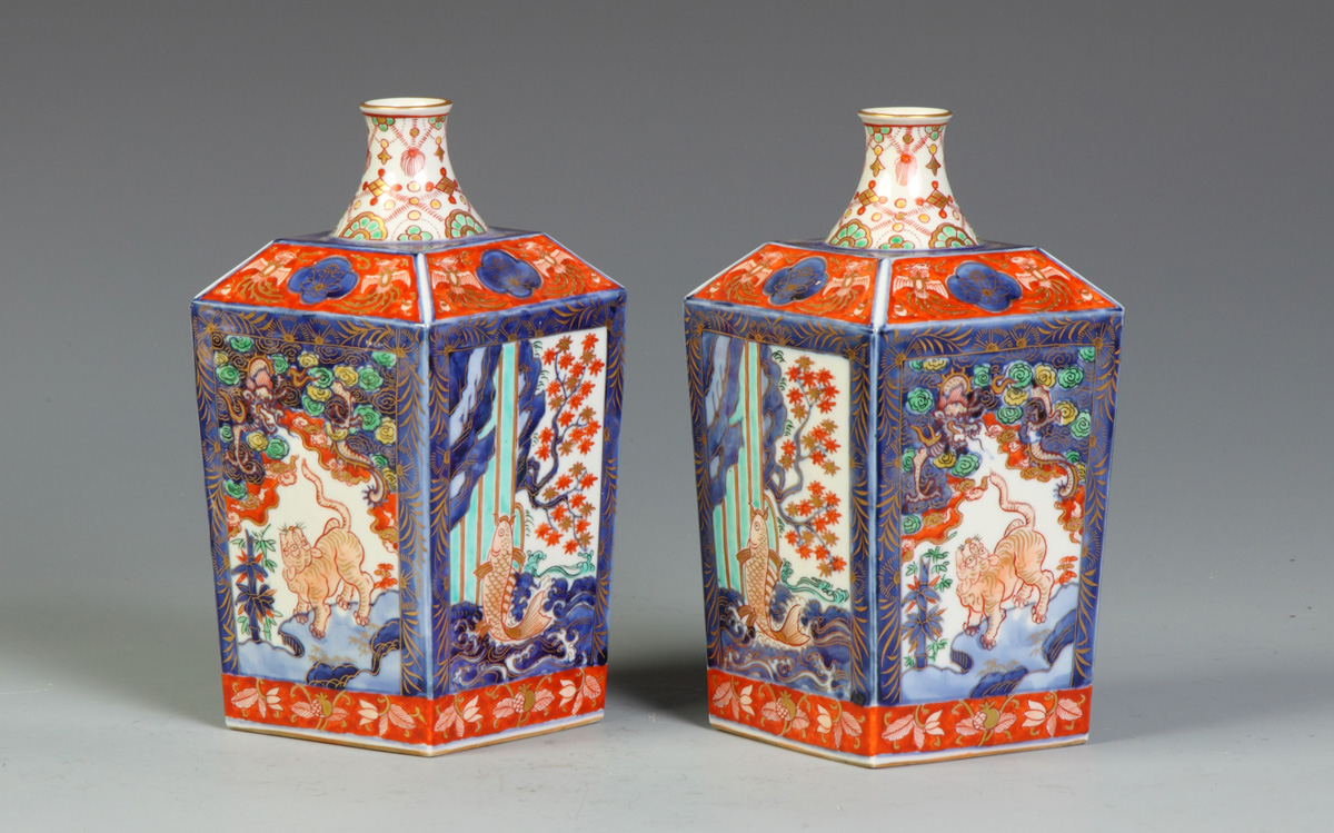 Pair of Square Imari Vases w Fish 1350c4