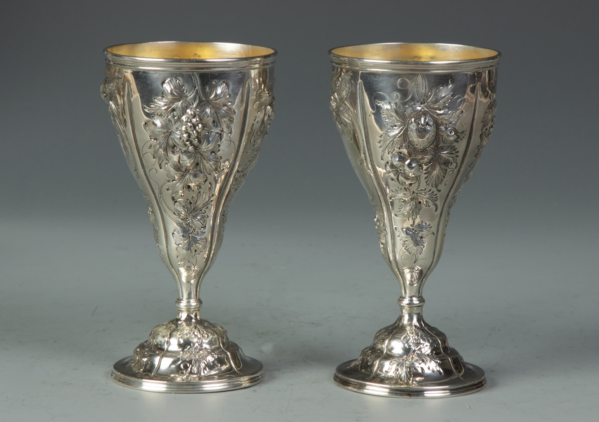Pair of Coin Silver Goblets w Repousse 13514d